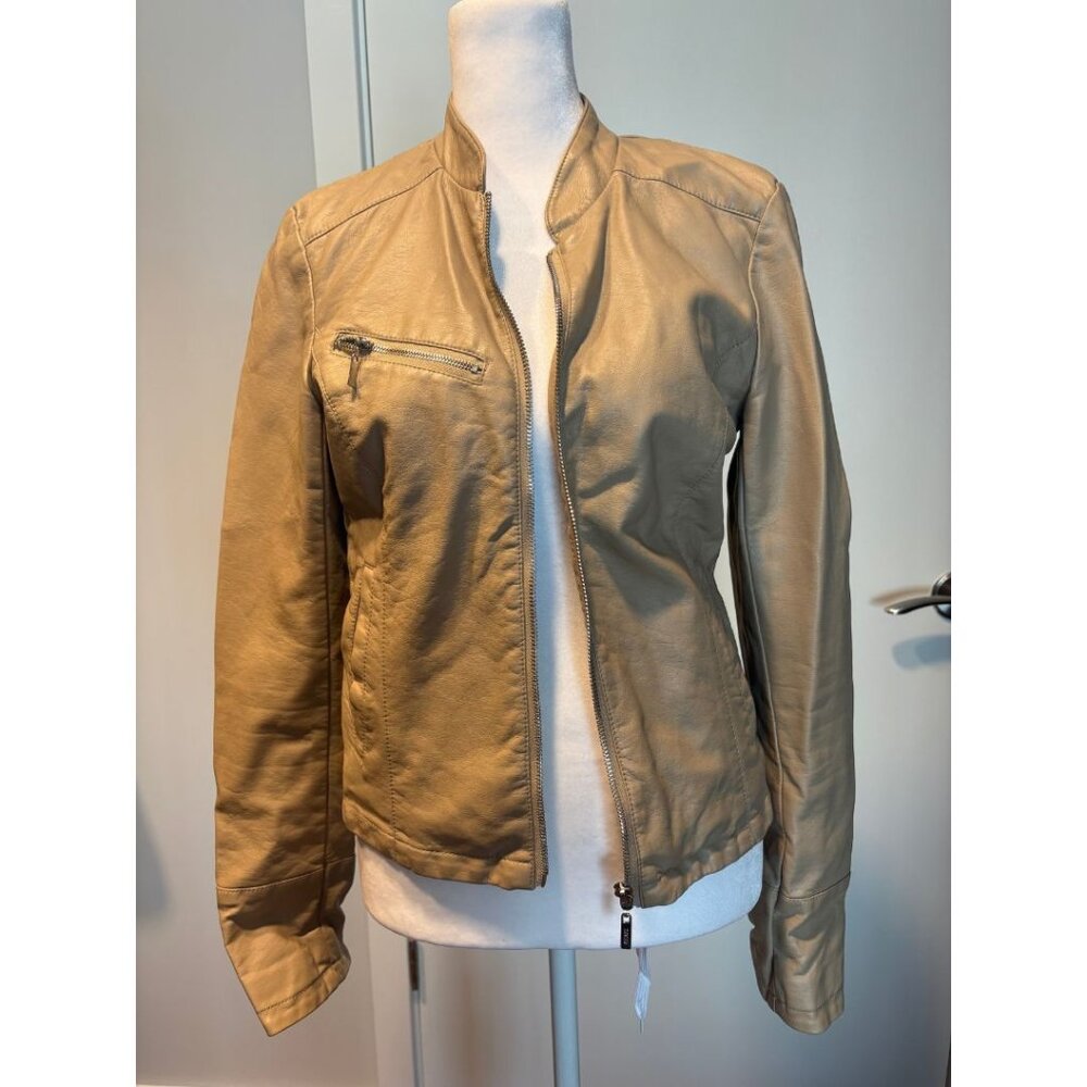 GUESS Faux Leather Moto Jacket Tan Beige Zip-Up Size S